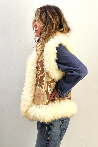 Vest Shearling 2000s Taupe Hand Embroidered Cotton and Fur Lined Vintage