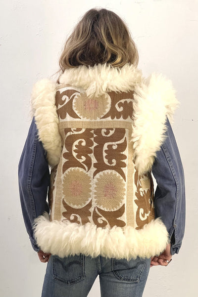 Vest Shearling 2000s Taupe Hand Embroidered Cotton and Fur Lined Vintage
