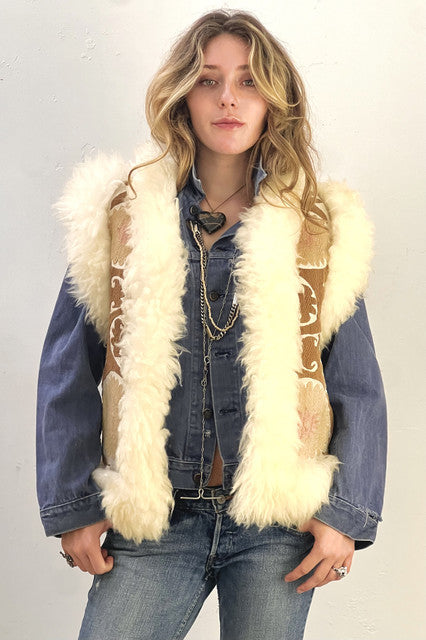 Vest Shearling 2000s Taupe Hand Embroidered Cotton and Fur Lined Vintage