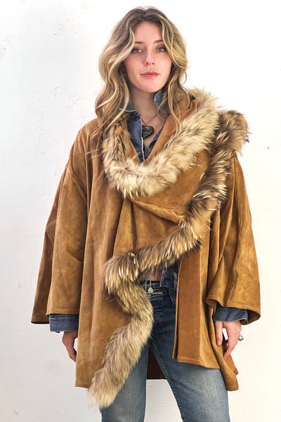 Cape Coat Fur 90s Wrap Coat Suede Edged in Fur Vintage