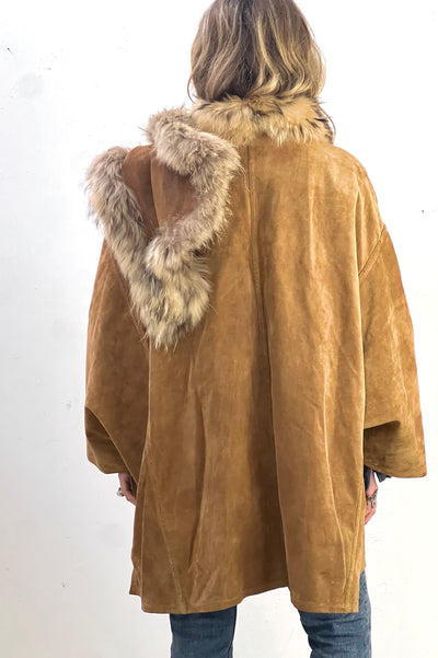 Cape Coat Fur 90s Wrap Coat Suede Edged in Fur Vintage