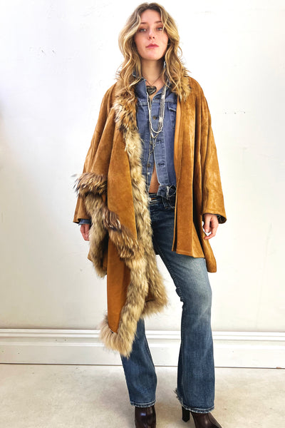 Cape Coat Fur 90s Wrap Coat Suede Edged in Fur Vintage
