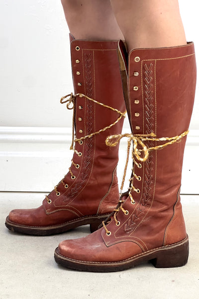 Boots Leather 1970s Gum Soled Knee High Lace Up Vintage