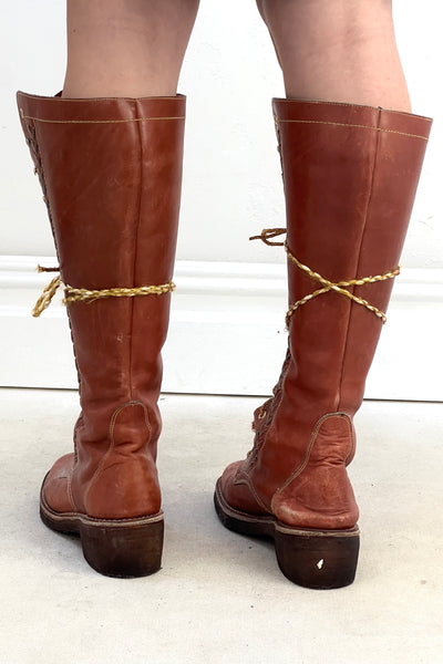 Boots Leather 1970s Gum Soled Knee High Lace Up Vintage