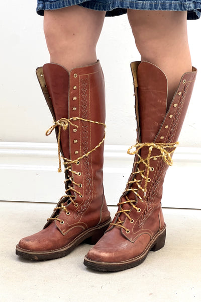 Boots Leather 1970s Gum Soled Knee High Lace Up Vintage