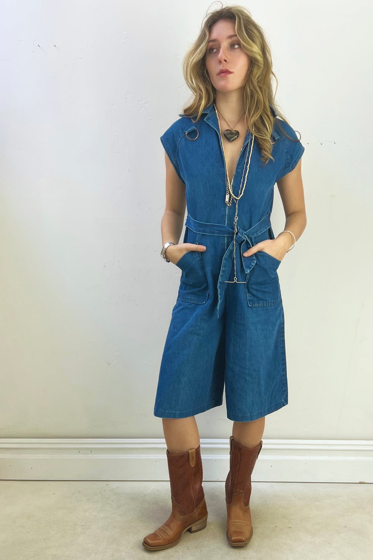 Romper Denim 1970s Zip Up Coulottes Vintage