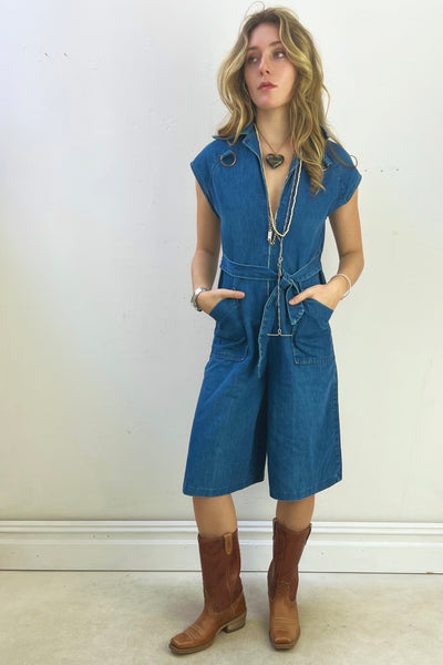 Romper Denim 1970s Zip Up Coulottes Vintage