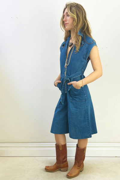 Romper Denim 1970s Zip Up Coulottes Vintage