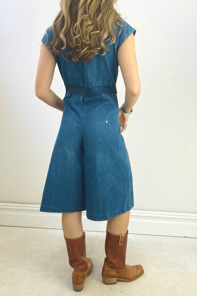 Romper Denim 1970s Zip Up Coulottes Vintage