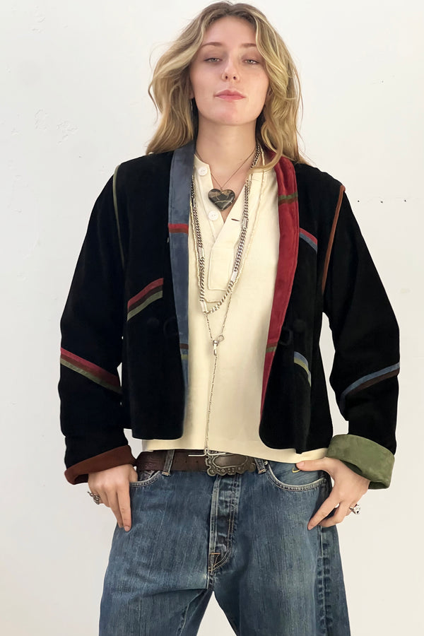 Jacket Suede 1980s Color Block Shawl Collared Vintage