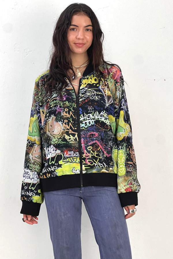 Vintage Silky Graphitti Bomber Jacket, Poly
