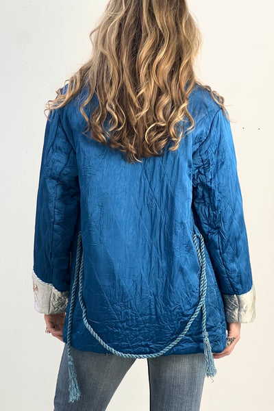 Souvenir Silky 1950s Japanese Quiled and Embroidered Dragon Smoking Jacket Vintage