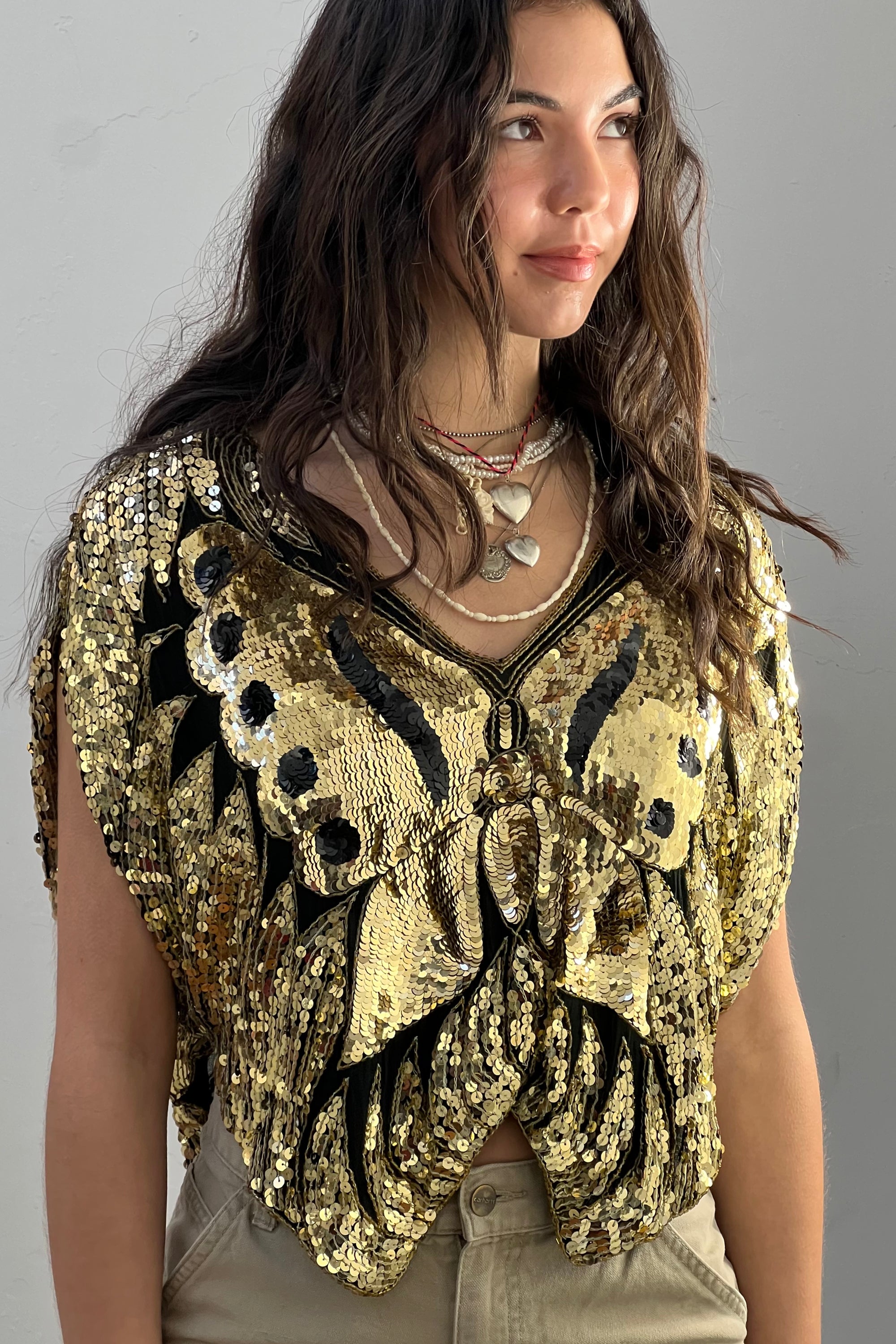 Vintage Silk Chiffon Butterfly  Golden Sequin Top Selected by Anna Corinna