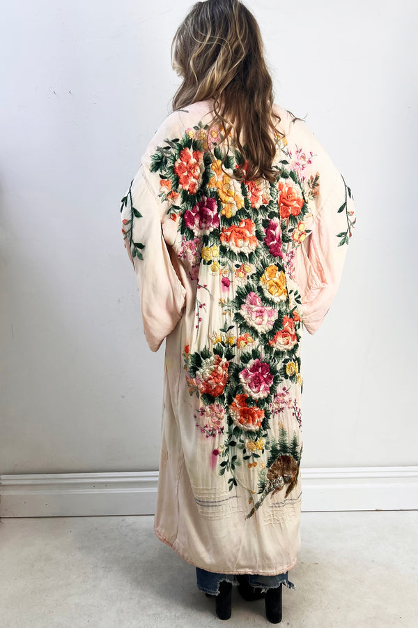 Kimono Silk 1950s Hand Embroidered Flowers Vintage