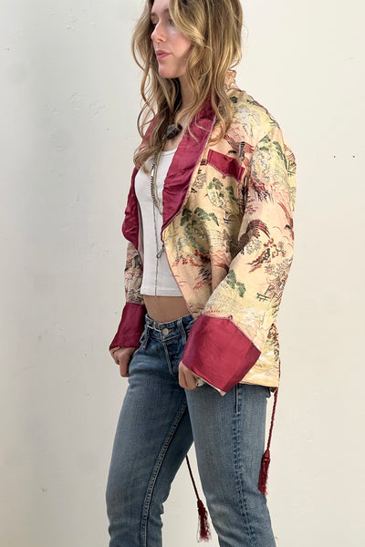 Souvenir Damask 1950s Japanese Hawks Smoking Jacket Vintage