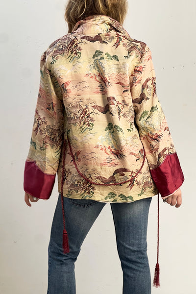 Souvenir Damask 1950s Japanese Hawks Smoking Jacket Vintage