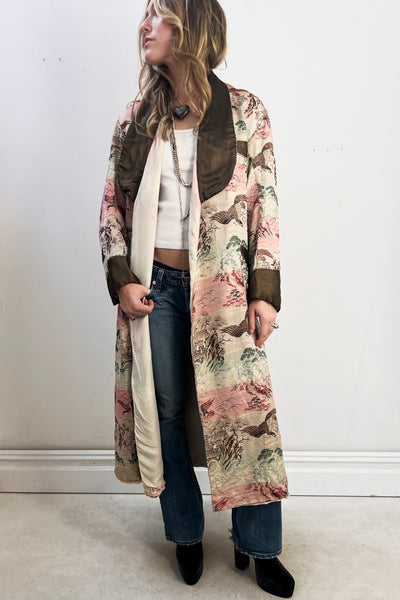 Souvenir Damask 1950s Maxi Duster Japanese Hawks Smoking Jacket Vintage