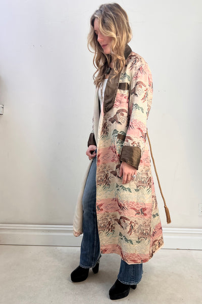 Souvenir Damask 1950s Maxi Duster Japanese Hawks Smoking Jacket Vintage