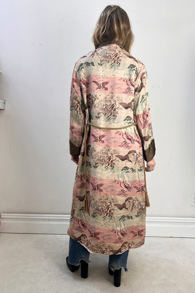 Souvenir Damask 1950s Maxi Duster Japanese Hawks Smoking Jacket Vintage