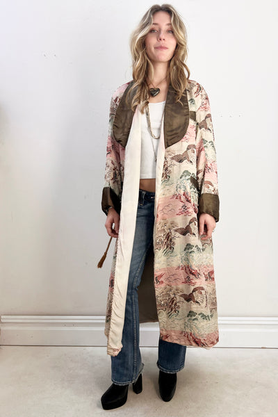 Souvenir Damask 1950s Maxi Duster Japanese Hawks Smoking Jacket Vintage