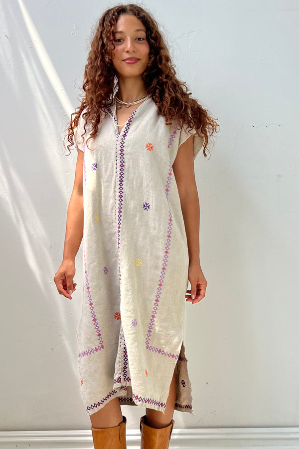 Anna Corinna Reworked Vintage Linen Cross Stitched Linen Smock Dress