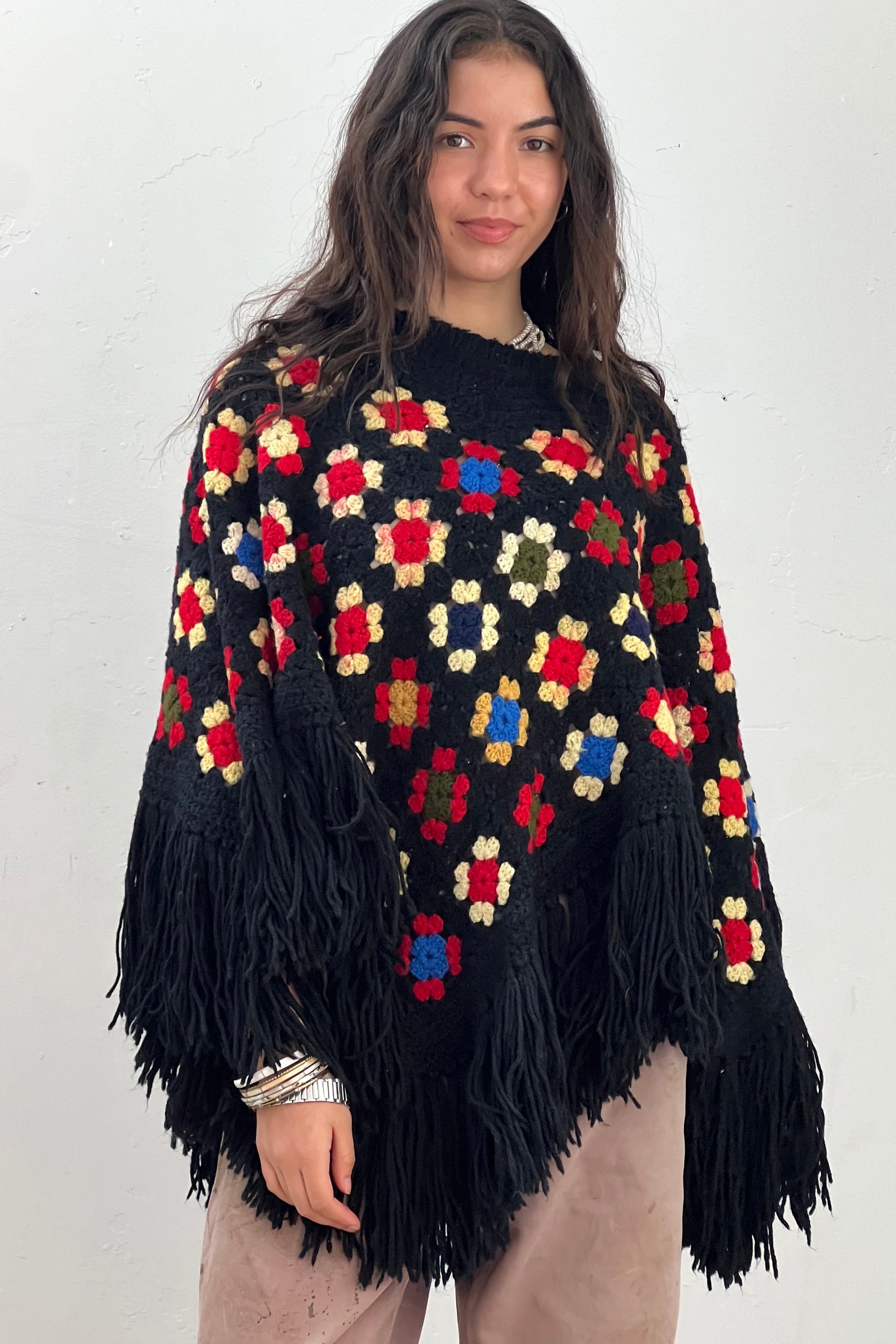 Vintage Hand Knit Granny Square Poncho Selected by Anna Corinna