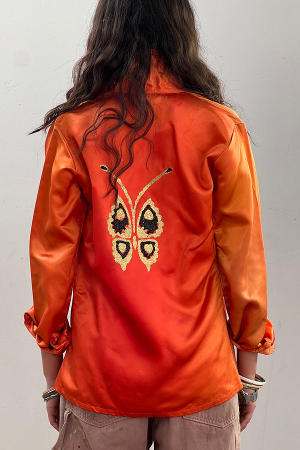 Vintage Silky Hand Painted Butterflies Top, Acetate/Nylon