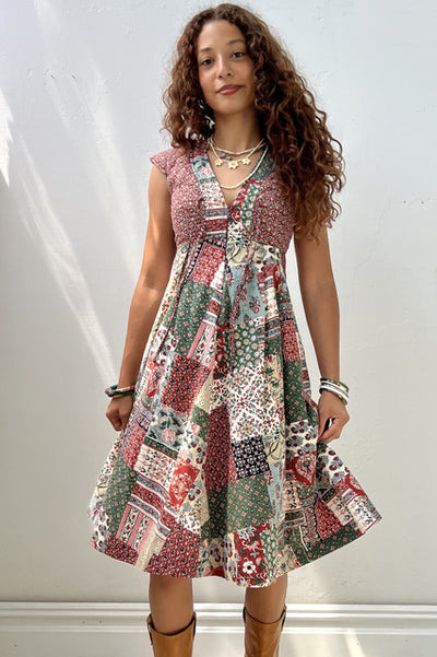 Vintage Patchwork Print Dress, Cotton blend