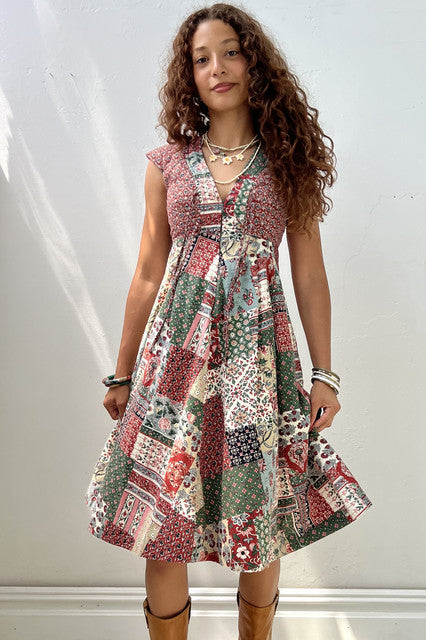 Vintage Patchwork Print Dress, Cotton blend