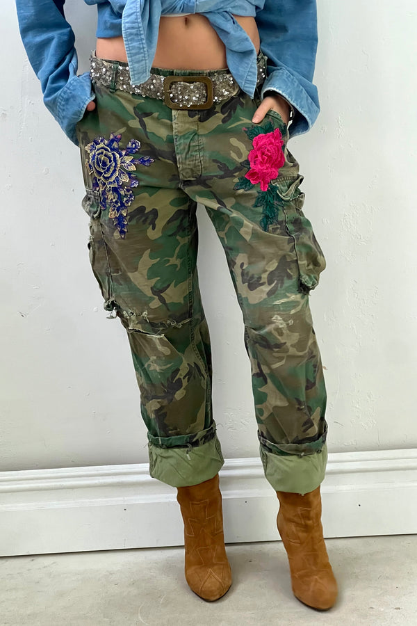 Anna Corinna Reworked Vintage Camo Patched Cargo Pants, Cotton