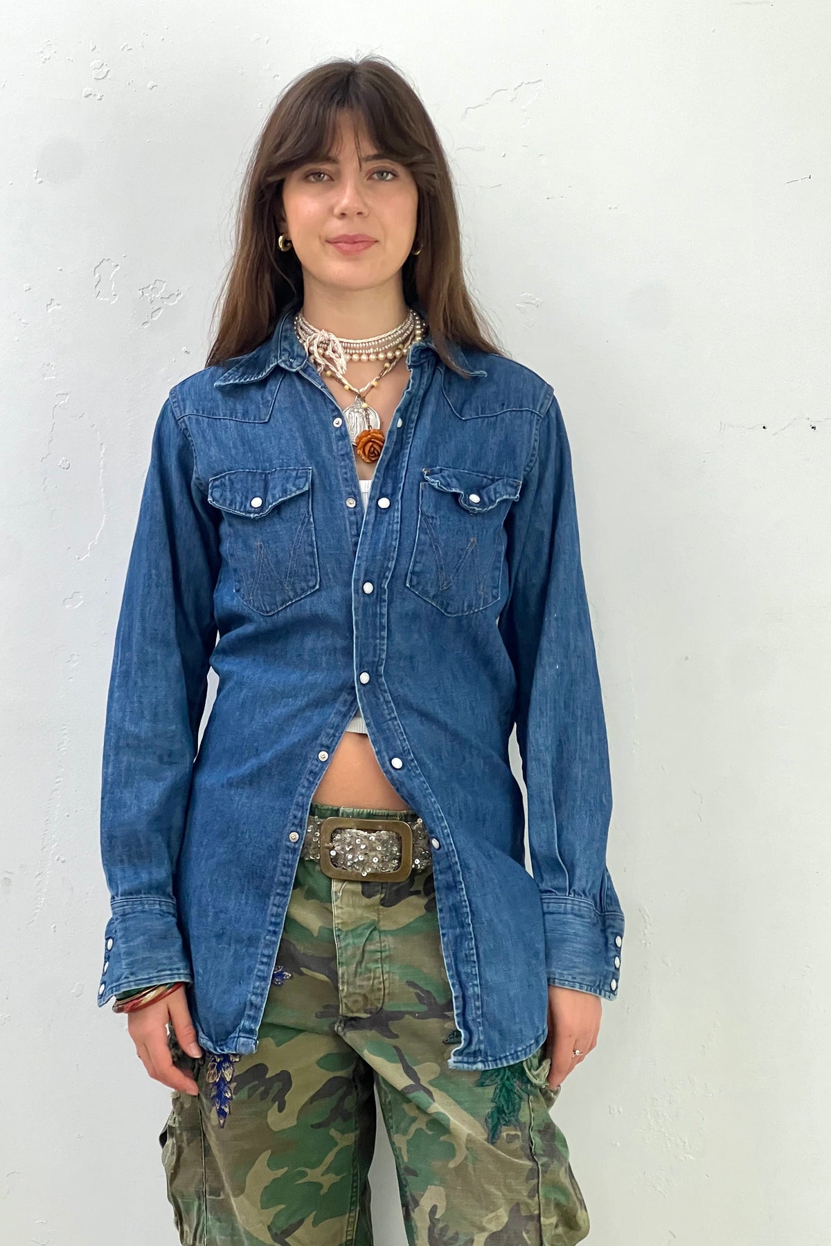 Vintage Wrangler Chambray Snap Up Top, Cotton