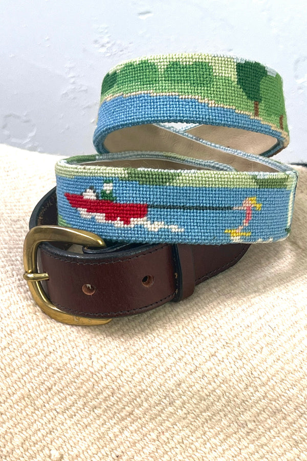 Belt Needlepoint 80s Golf and Sail Leather Belt and Buckle Vintage