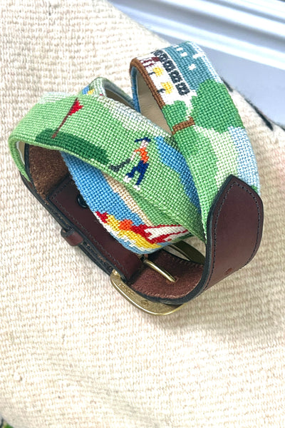 Belt Needlepoint 80s Golf and Sail Leather Belt and Buckle Vintage