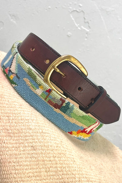 Belt Needlepoint 80s Golf and Sail Leather Belt and Buckle Vintage