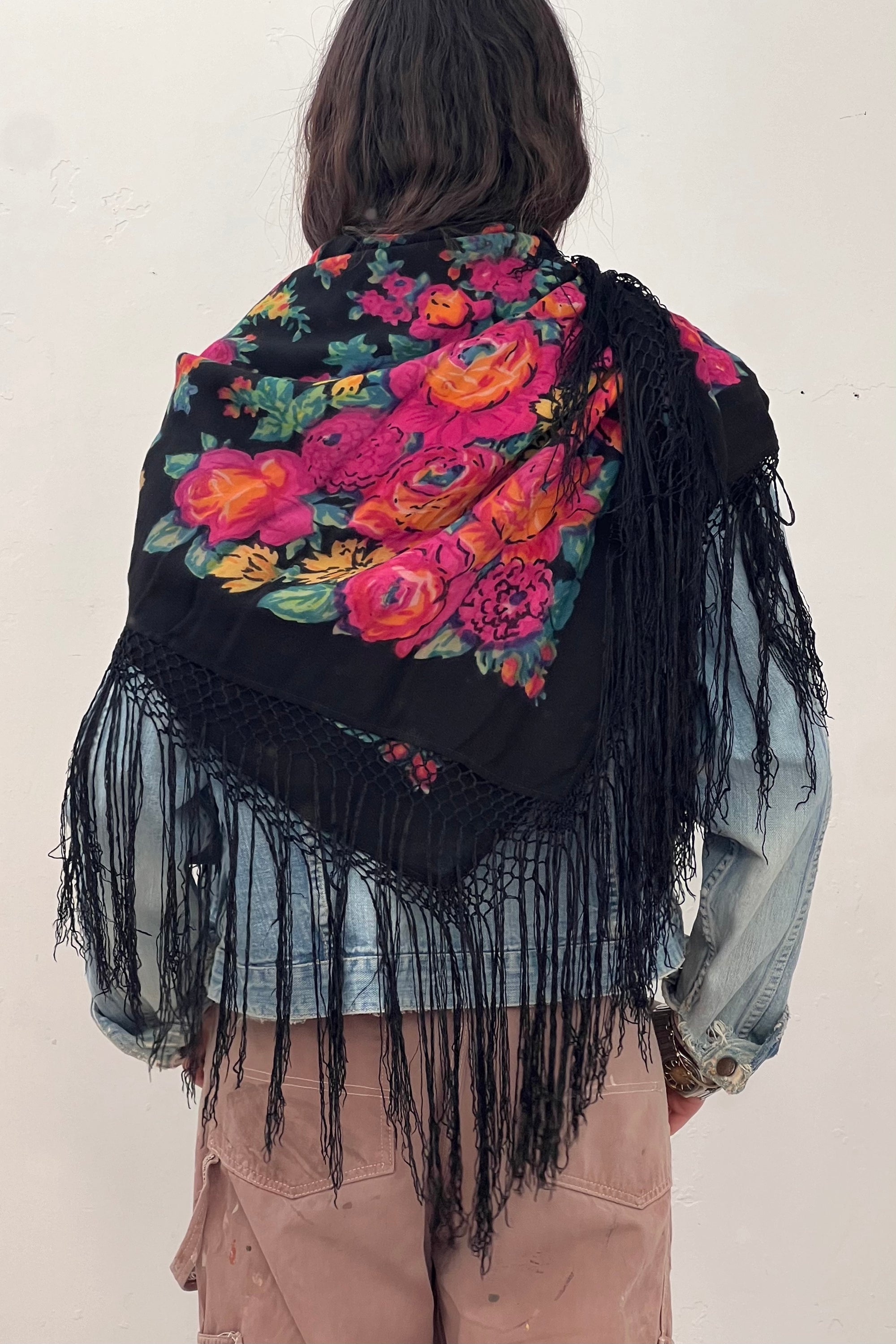 Vintage Floral Midnight Fringed Wool Scarf  Shawl Selected by Anna Corinna