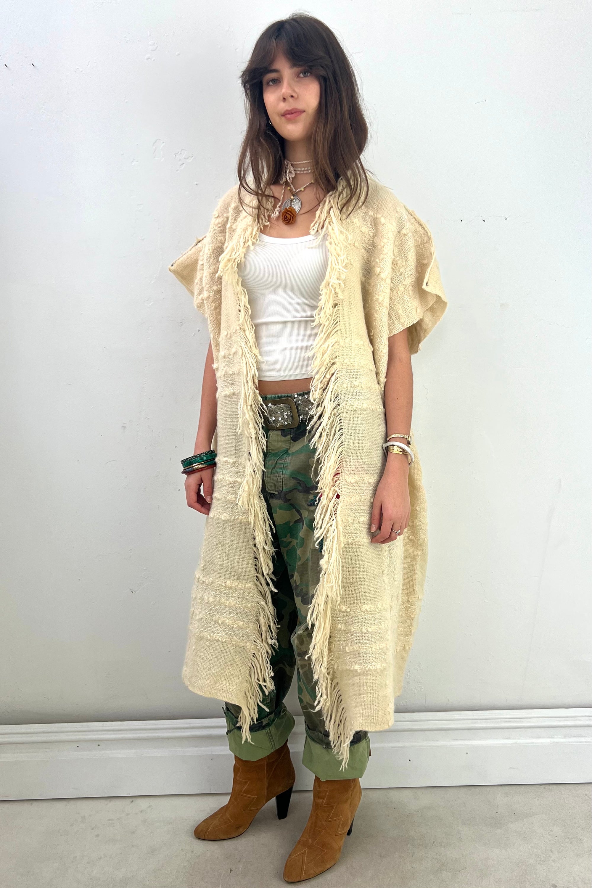 Anna Corinna Reworked Vintage Hand Woven Ivory Wool Shaggy Coat