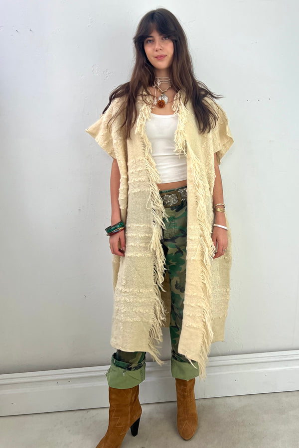 Anna Corinna Reworked Vintage Hand Woven Ivory Wool Shaggy Coat, Wool