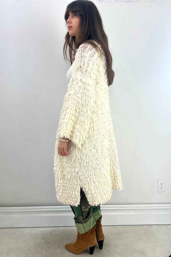 Vintage Hand Knit Cotton Shaggy Sweater Coat, Cotton