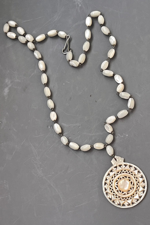 Vintage Hand Carved Mother of Pearl Mandala Necklace, Mother of Pearl