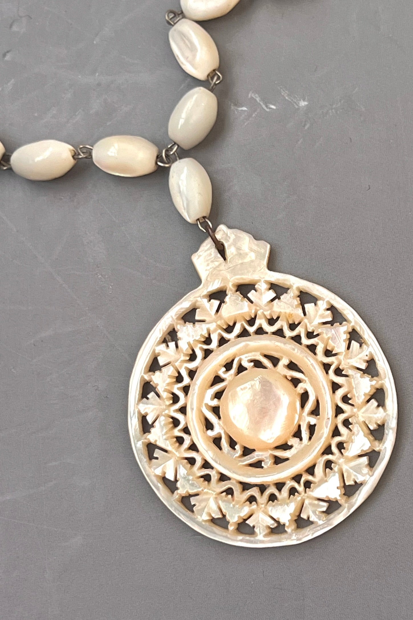 Vintage Hand Carved Mother of Pearl Mandala Necklace Selected by Anna Corinna