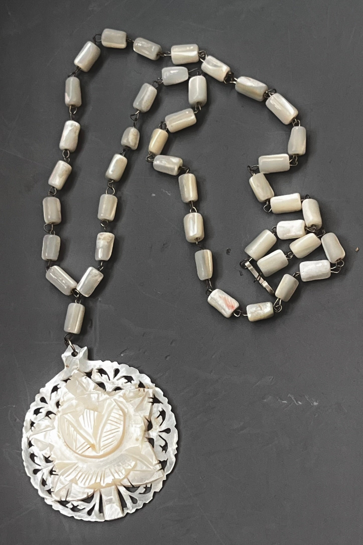 Vintage Hand Carved Mother of Pearl Flower Necklace Selected by Anna Corinna