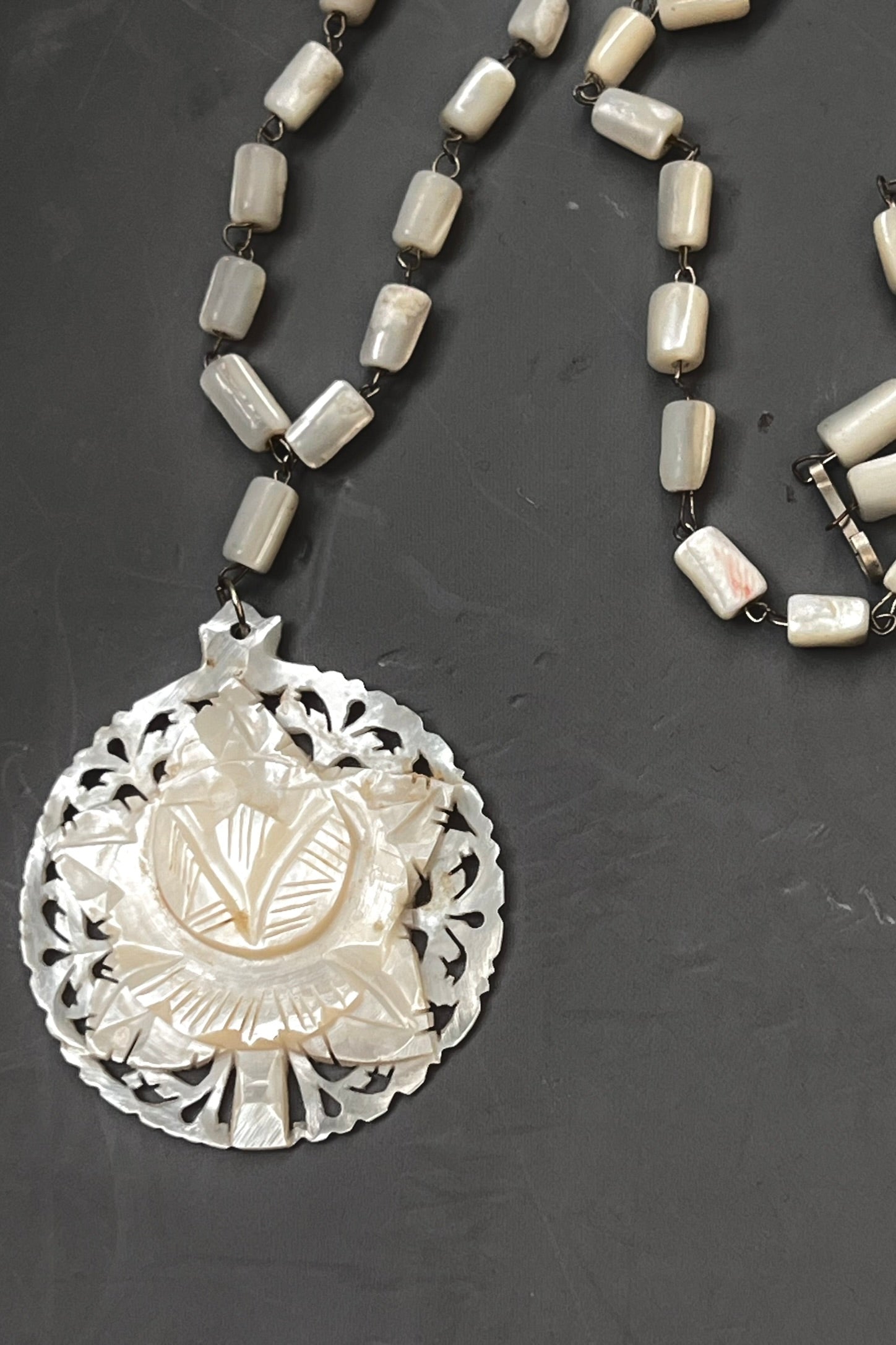 Vintage Hand Carved Mother of Pearl Flower Necklace Selected by Anna Corinna