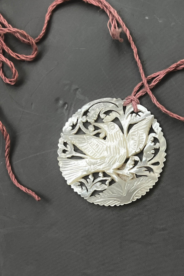 Vintage Hand Carved Mother of Pearl Bird Necklace, Mother of Pearl