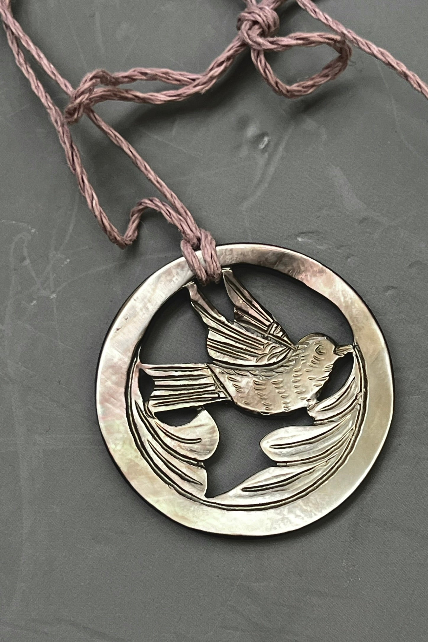 Vintage Hand Carved Dark Mother of Pearl Bird Necklace Selected by Anna Corinna