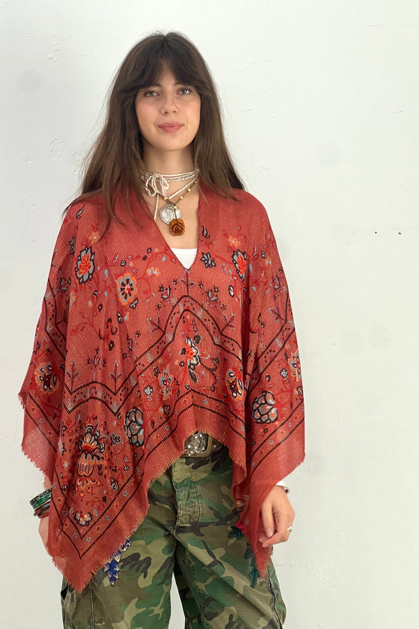 Anna Corinna Reworked Vintage Flower Sparkle Poncho Top, Wool