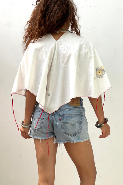 Poncho Cotton 40s Hand Embroidered Card Suits Top Reworked Vintage
