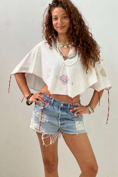 Poncho Cotton 40s Hand Embroidered Card Suits Top Reworked Vintage