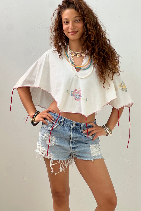 Poncho Cotton 40s Hand Embroidered Card Suits Top Reworked Vintage