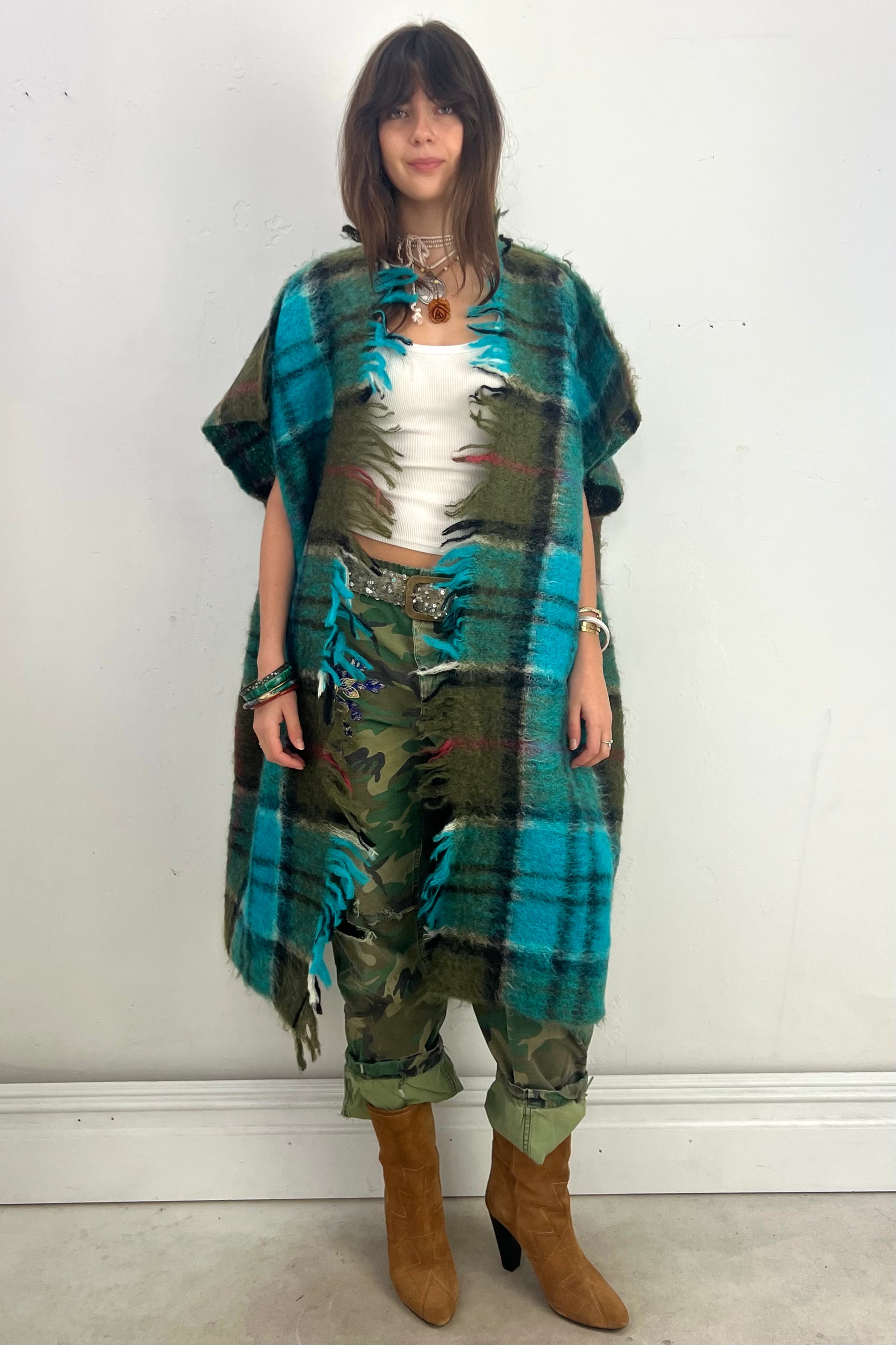 Anna Corinna Reworked Vintage Hand Woven Fuzzy Wool Plaid Coat