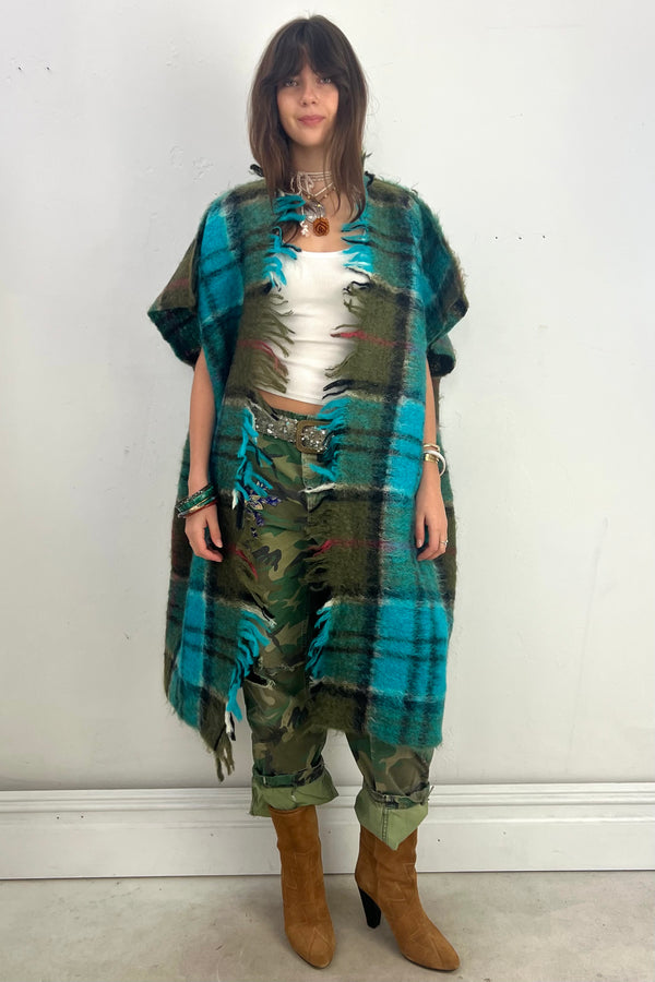 Anna Corinna Reworked Vintage Hand Woven Fuzzy Wool Plaid Coat, Wool